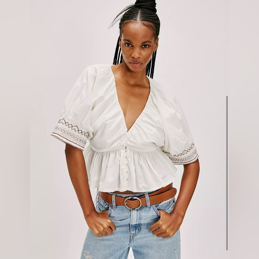 New! We The Free “Where We Meet” Smocked Blouse Embroidered Free People Small